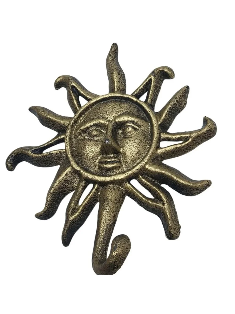 Vintage Cast Iron Celestial Sun Face Wall Hook With Antique Gold Finish